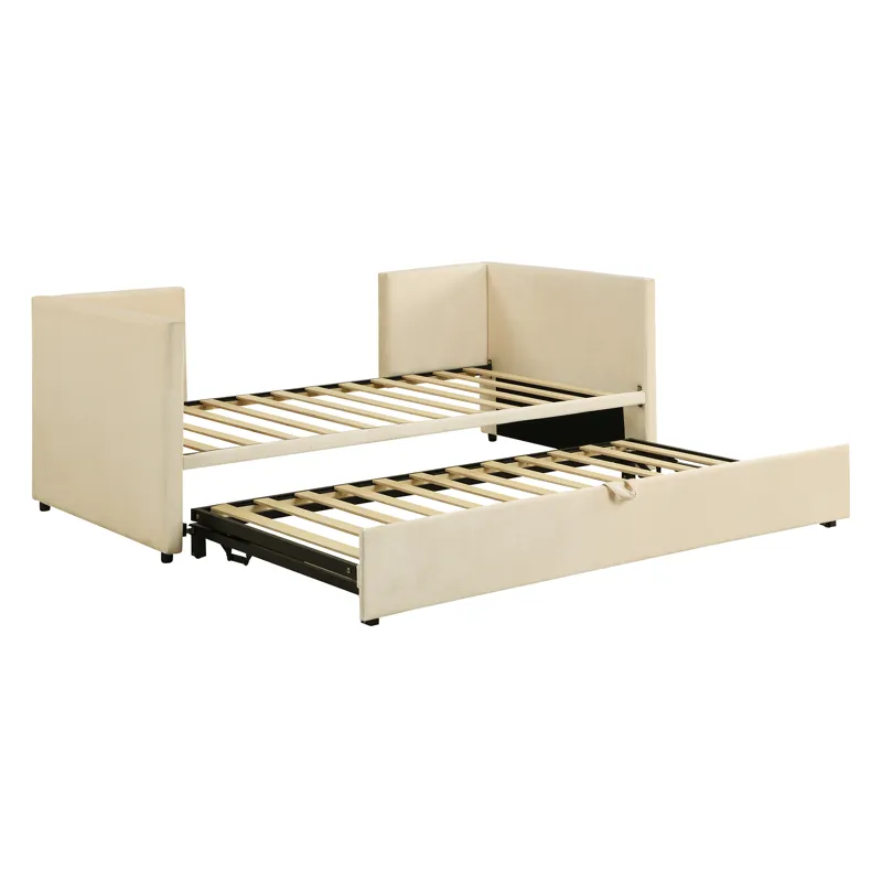 Twin Size Upholstered Daybed With Pop Up Trundle - Beige