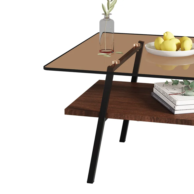 Rectangle Coffee Table, Tempered Glass Tabletop With Metal Legs, Modern Table For Living Room - Brow