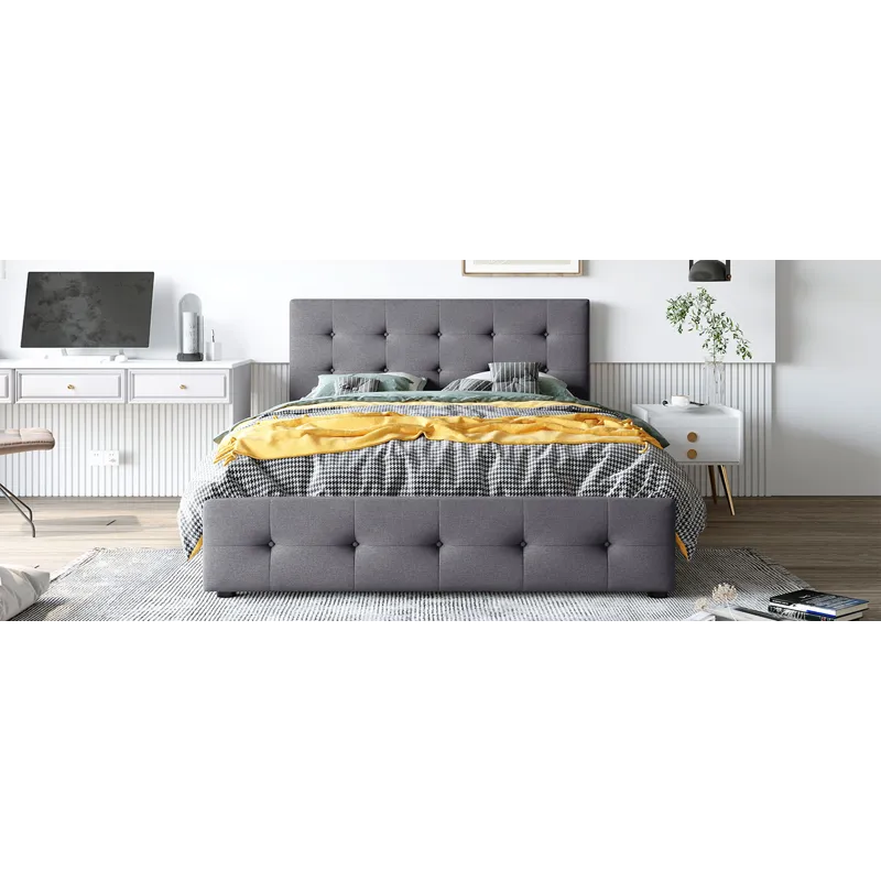 Queen Size Upholstered Platform Bed With Classic Headboard And 4 Drawers, No Box Spring Needed - Dar