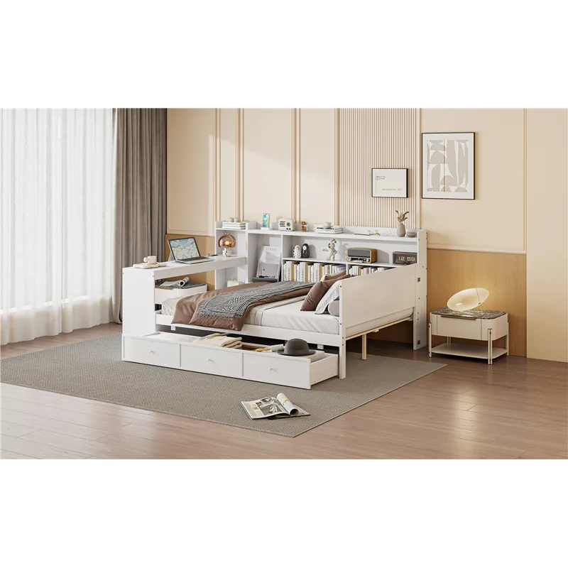 Full Size Wooden Daybed With 3 Drawers, USB Ports And Desk - White