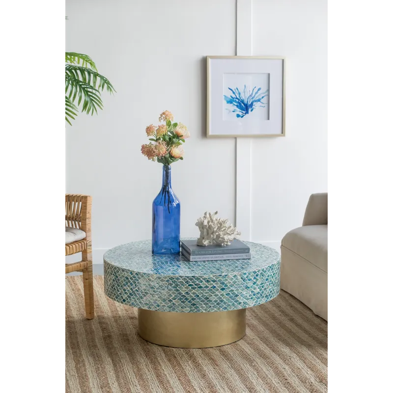 Unique Hyperion Capiz Inlay Drum Coffee Table With Gold Pedestal Base - Multi