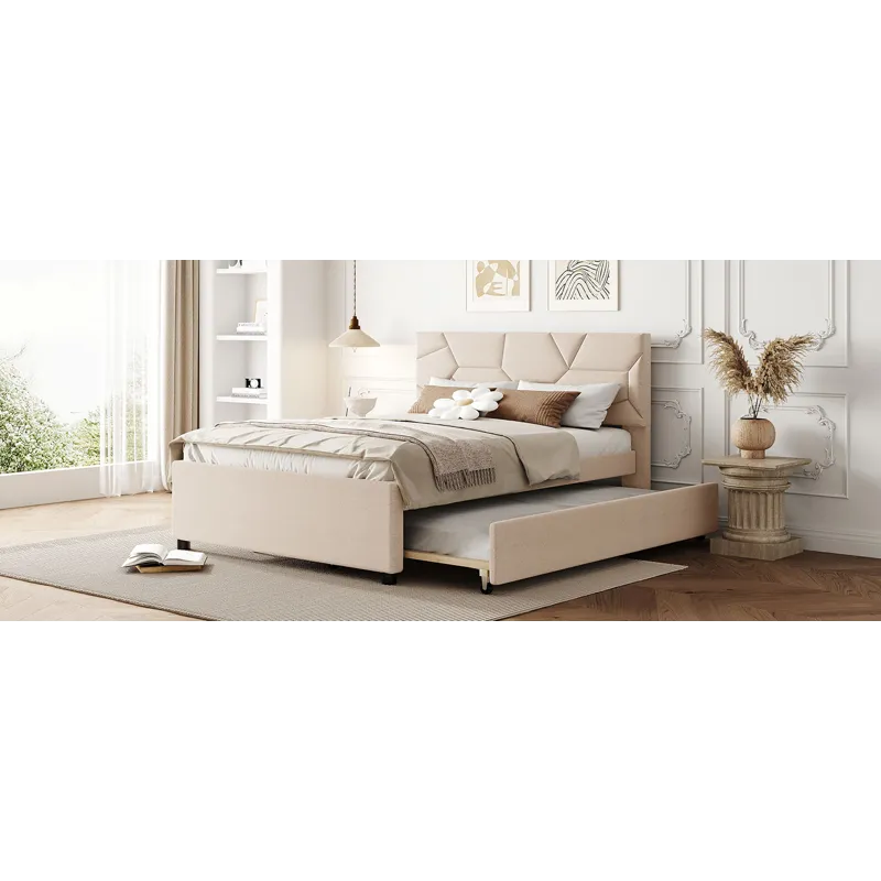 Full Size Upholstered Platform Bed With Brick Pattern Headboard And Twin Size Trundle, Linen - Beige