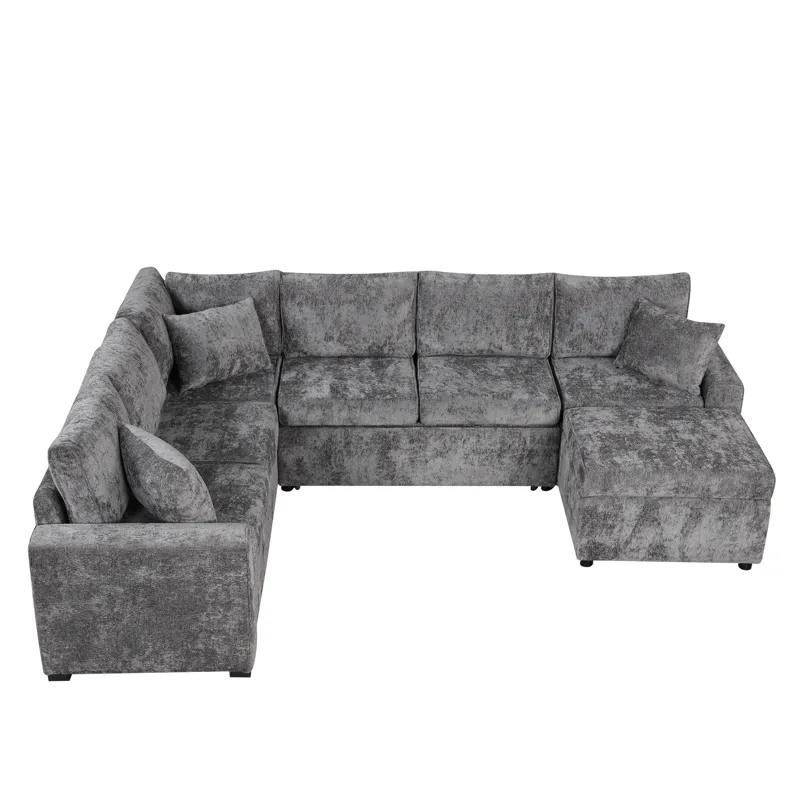 Sectional Sofa Pull-Out Sofa Bed Sleeper With A Storage Ottoman, Three Pillows And Charging Devices 
