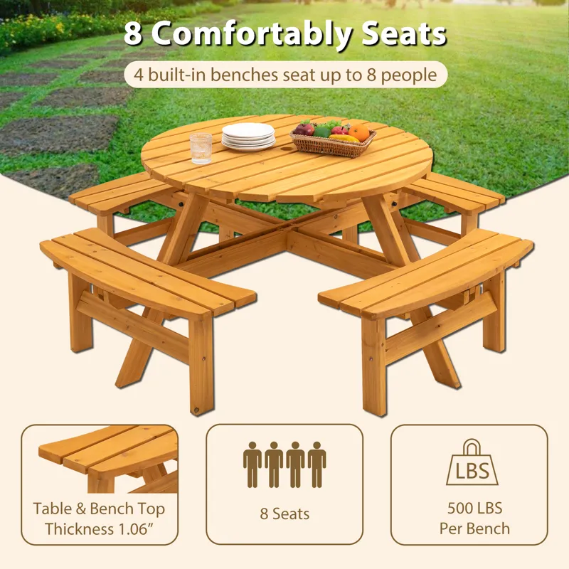 8 Person Wooden Picnic Table, Outdoor Camping Dining Table With Seat, Garden, Diy With 4 Built-In Be