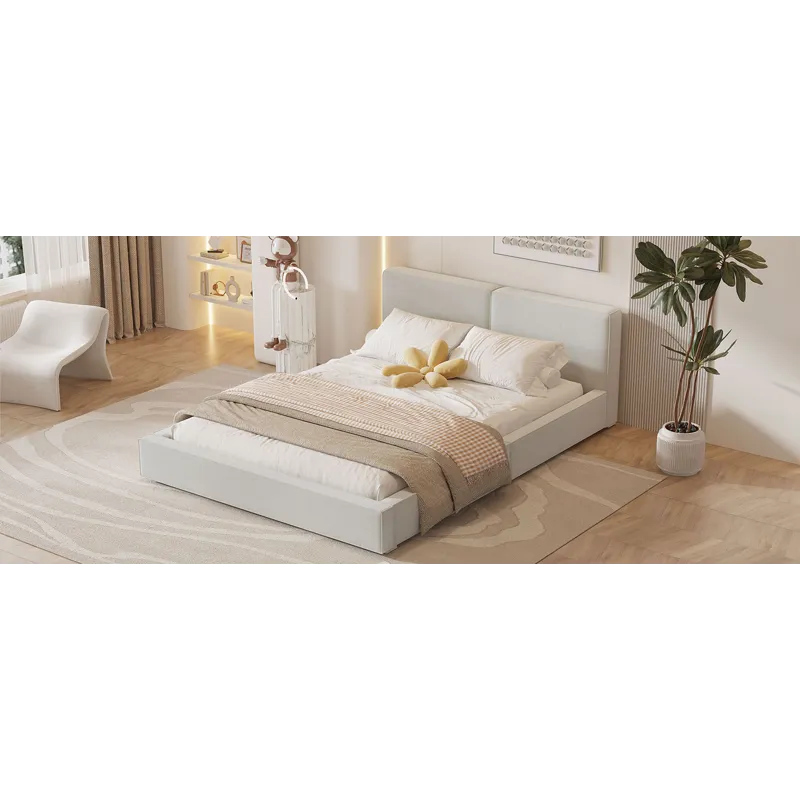 Queen Size Upholstered Platform Bed With , Grounded Bed With Solid Frame - Beige