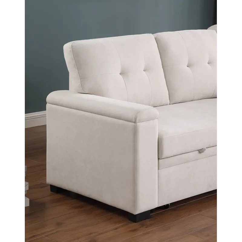 Lucca II  - 84.5\"W Beige Woven Fabric Reversible Sleeper Sectional Sofa With Storage Chaise and Poc