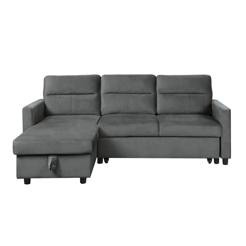 Ivy - Velvet Reversible Sleeper Sectional Sofa With Storage Chaise And Side Pocket - Dark Gray