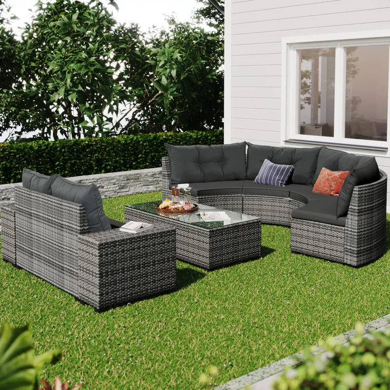 8 Pieces Outdoor Wicker Round Sofa Set, Half-Moon Sectional Sets All Weather, Curved Sofa Set With R