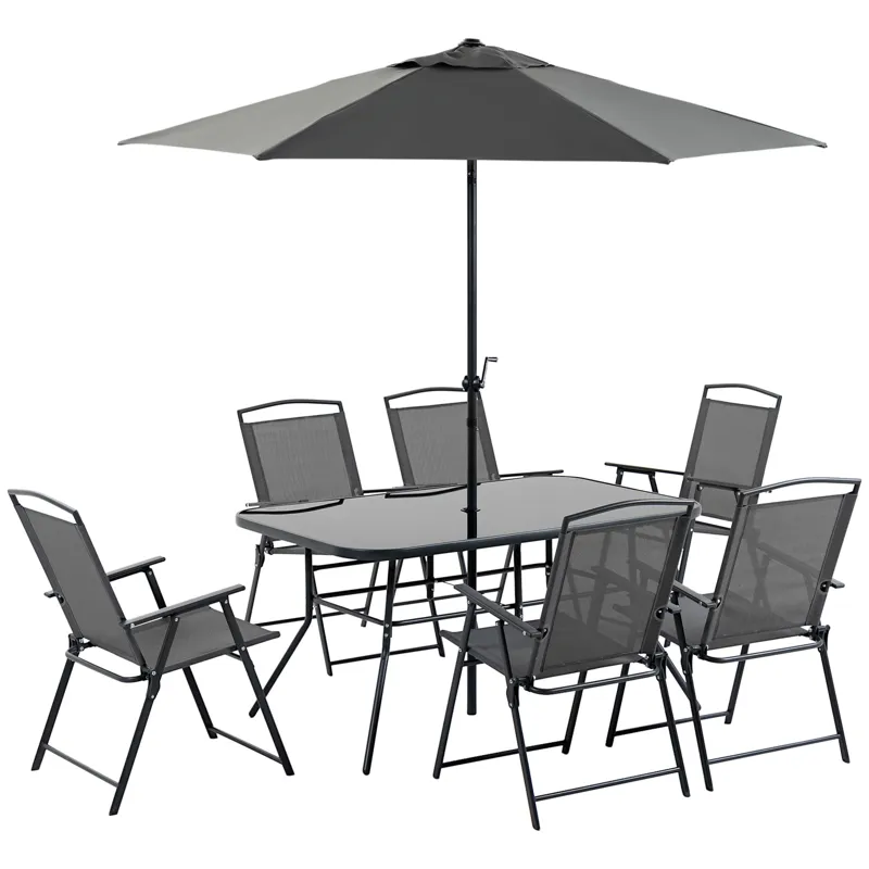 Outsunny - 8 Piece Patio Dining Set With Table Umbrella, 6 Folding Chairs And Rectangle Dining Table