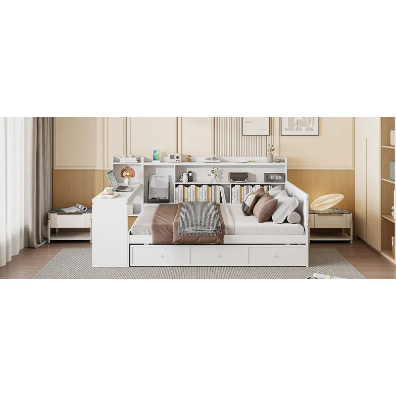 Full Size Wooden Daybed With 3 Drawers, USB Ports And Desk - White