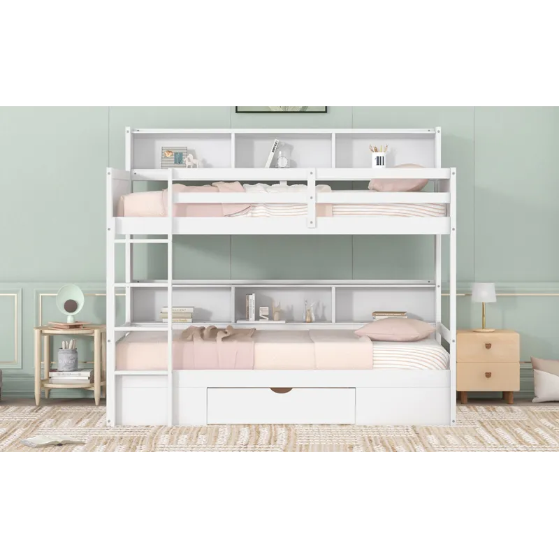 Twin Size Bunk Bed With Built-In Shelves Beside Both Upper And Down Bed And Storage Drawer - White