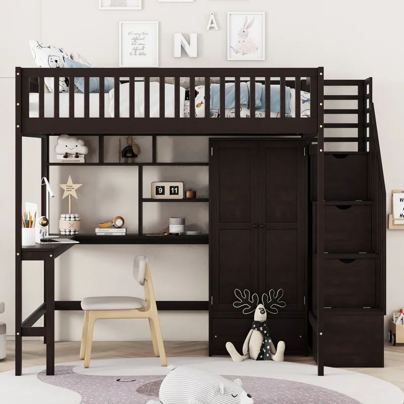 Full Size Loft Bed With Bookshelf, Drawers, Desk, And Wardrobe - Espresso