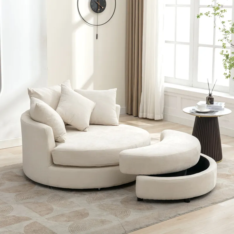 360° Swivel Accent Barrel Chair With Storage Ottoman & 4 Pillows, Modern Chenille Leisure Chair Round Accent For Living Room - Cream