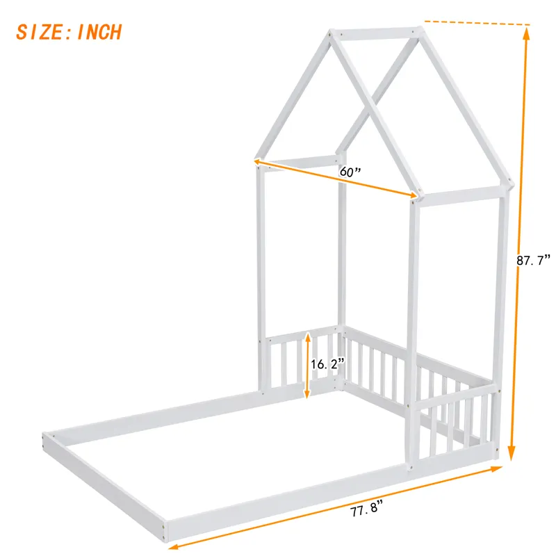 Full Roof-Framed Headboard Floor Bed With Headboard Guardrails - Without Slats White