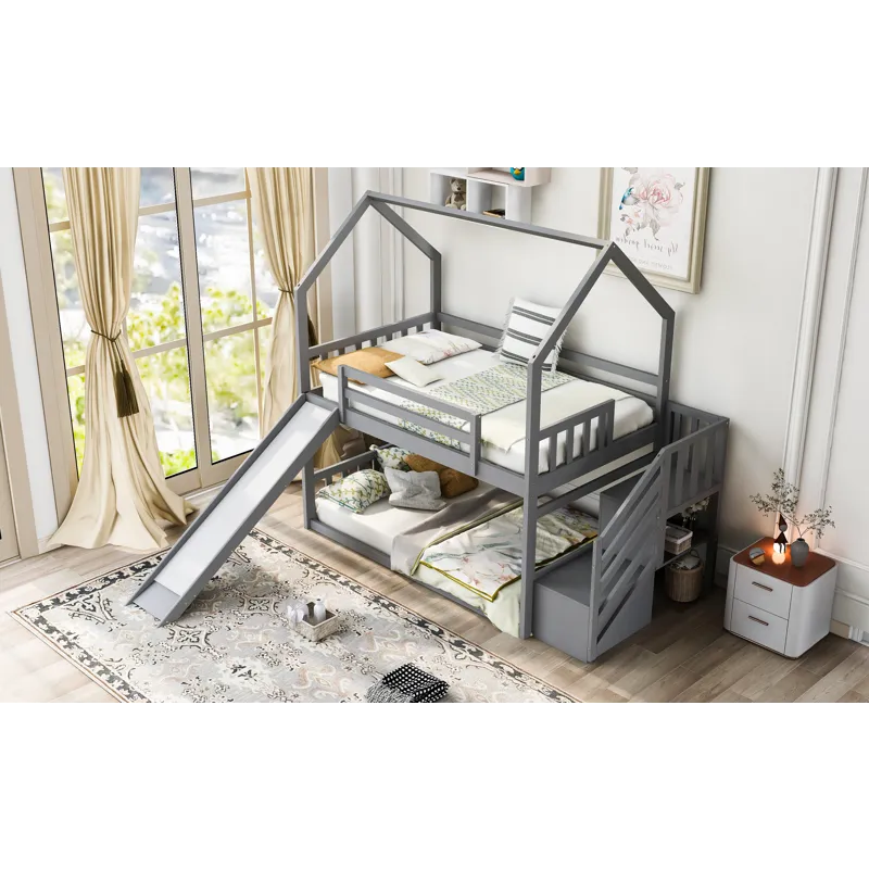 Twin Over Twin House Bunk Bed With Convertible Slide, Storage Staircase Can Be Placed Left Or Right 