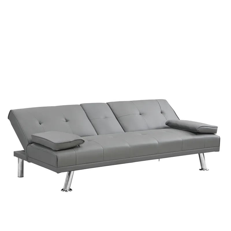 Sofa Bed With Armrest Two Holders Wood Frame, Stainless Leg Futon - Gray