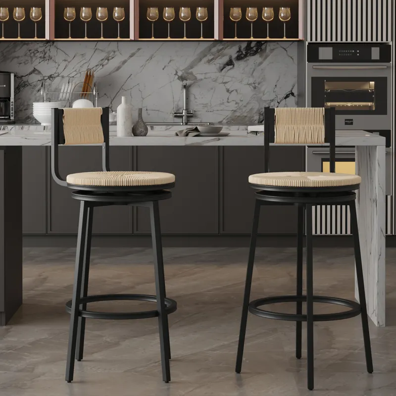 Bar Stools Swivel Counter Chairs With Metal Frame (Set of 2) Hand Woven Paper Rope Dining Barstools 