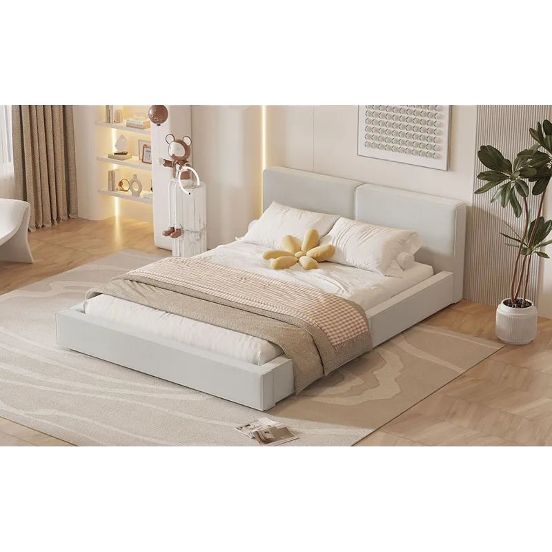 Queen Size Upholstered Platform Bed With , Grounded Bed With Solid Frame - Beige