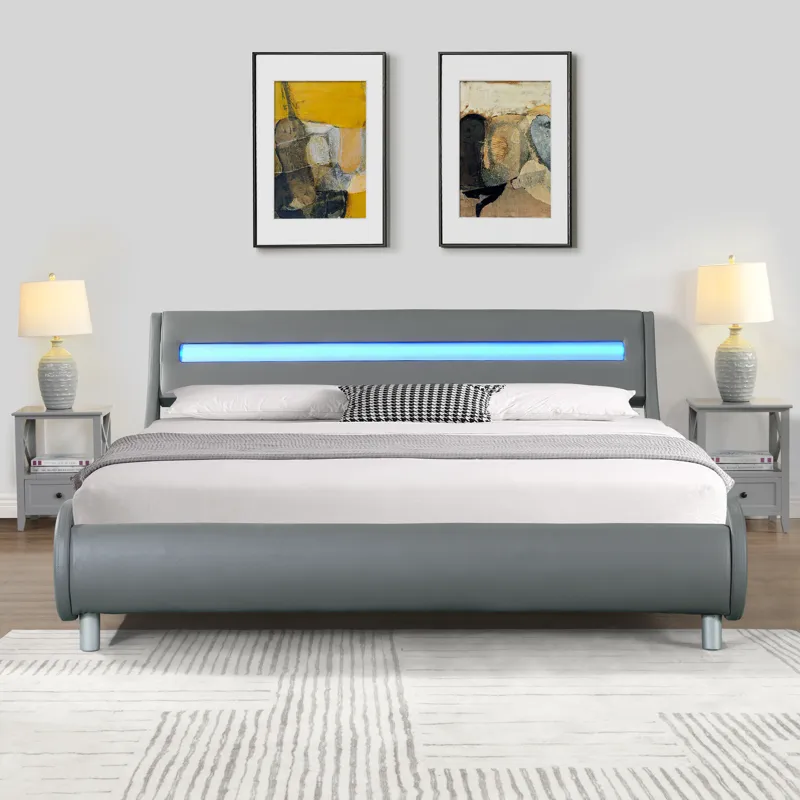 Queen Size Upholstered Platform Bed Frame With LED Lighting, Curve Design, Wood Slat Support, No Box