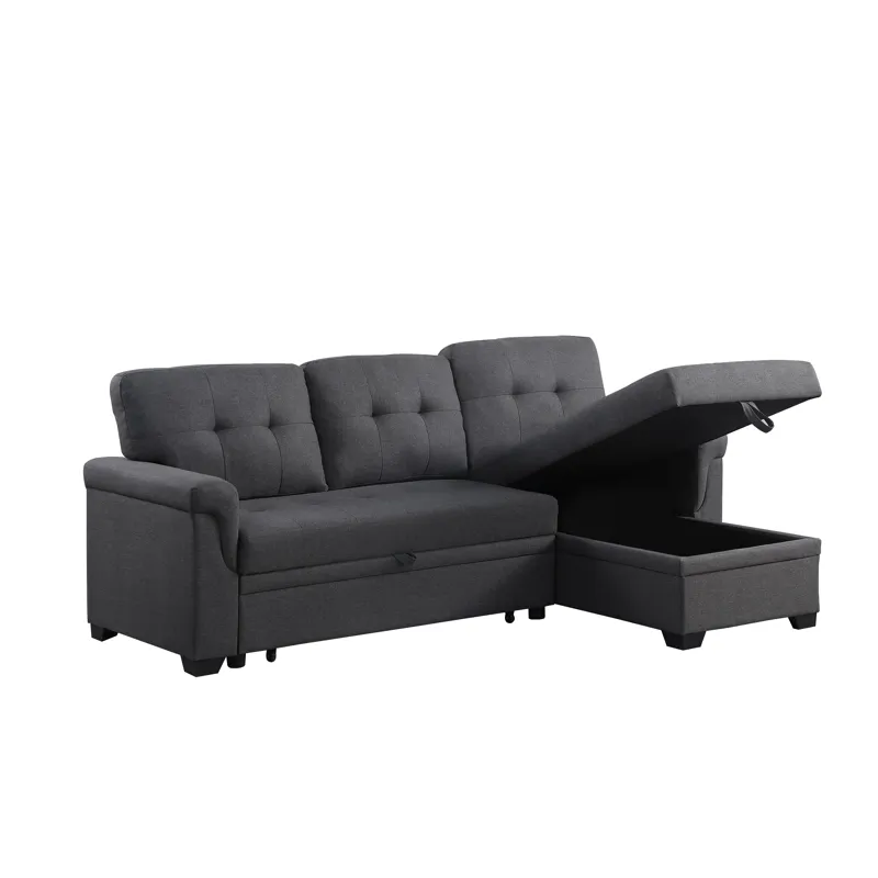 Lucca - Linen Reversible Sleeper Sectional Sofa With Storage Chaise - Dark Gray