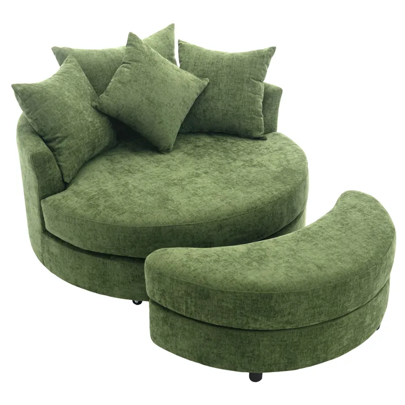 360° Swivel Accent Barrel Chair With Storage Ottoman & 4 Pillows, Modern Chenille Leisure Chair Roun
