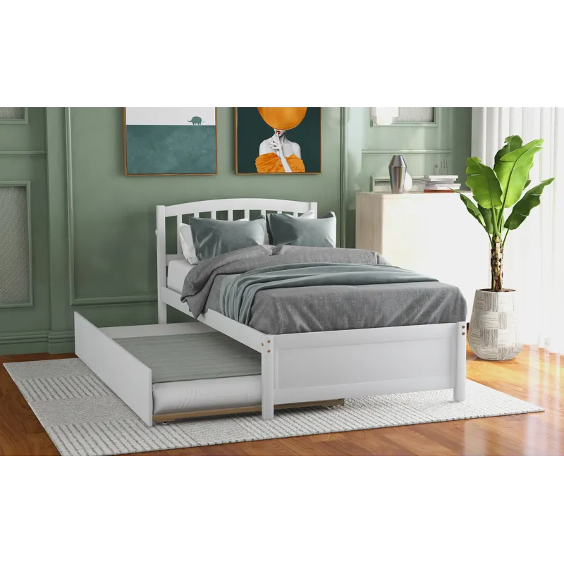 Twin Size Platform Bed Wood Bed Frame With Trundle - White