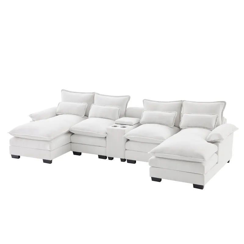 Modern U Shaped Sofa With Console, Cupholders And USB Ports, 6 Seat Upholstered Symmetrical Indoor F