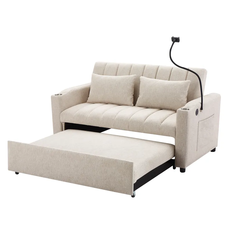 Convertible Sofa Bed Loveseat Sofa With Three USB Ports, Two Side Pockets, Two Cup Holders And 360° 
