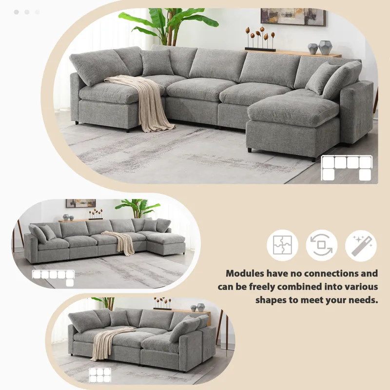 Modern Modular Cloud Sofa Bed, 6 Seat Chenille Sectional Couch Set With Ottoman, Free Combination, C