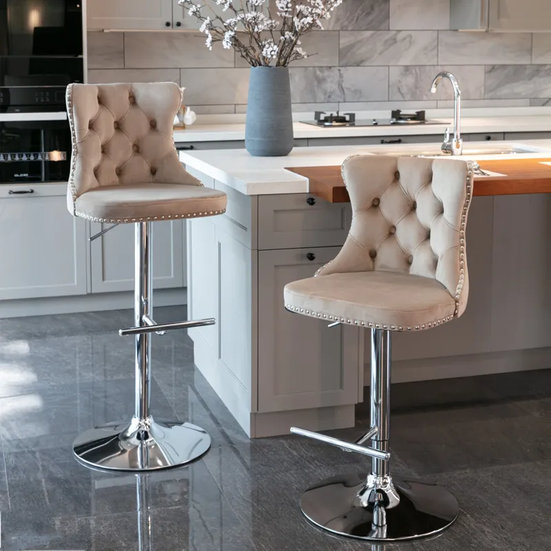 Swivel Velvet Barstools Adjusatble Seat Height From 25-33\", Modern Upholstered Chrome Base Bar Stoo