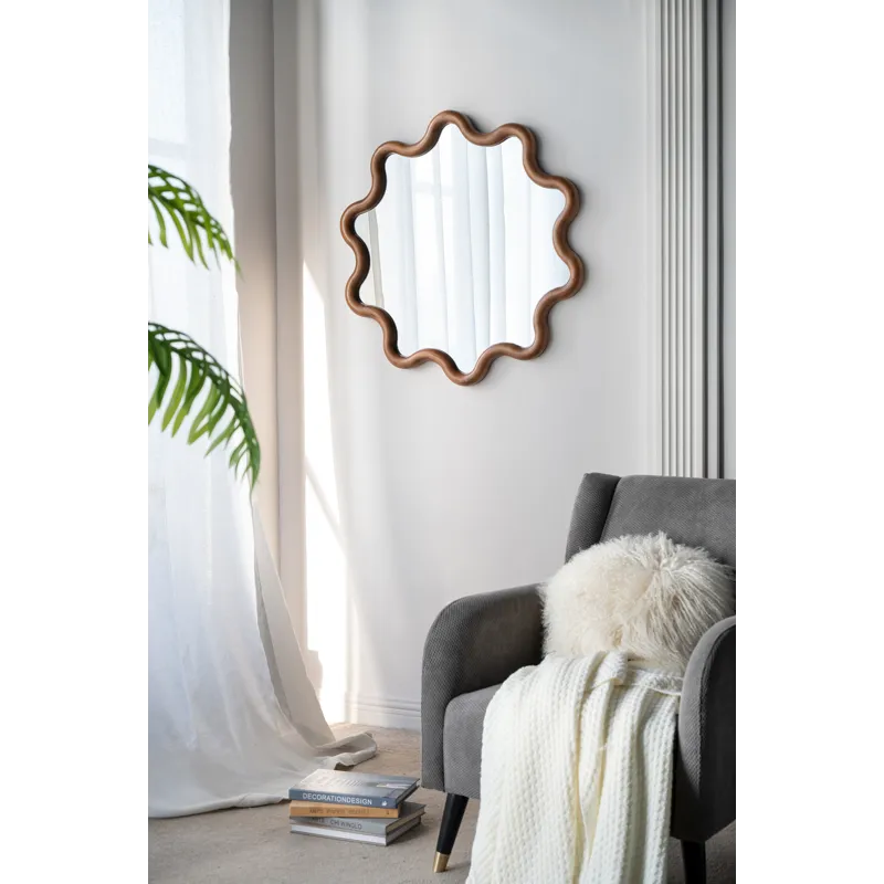 Wooden Accent Mirror With Unique Frame, Wall Mirror For Living Room Bedroom Entryway - Brown