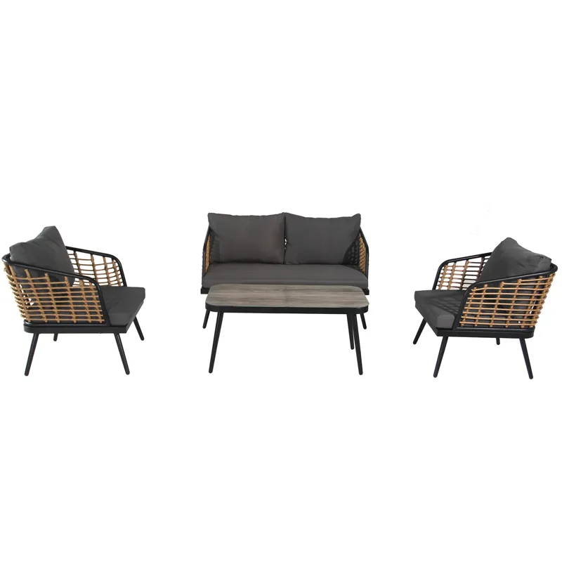 4 Pieces Patio Furniture Set, PE Rattan Wicker With Washable Cushion And Tempered Glass Tabletop, Co