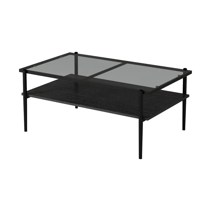 Rectangle Coffee Table With Tempered Glass Top, Modern Table For Living Room - Gray / Black