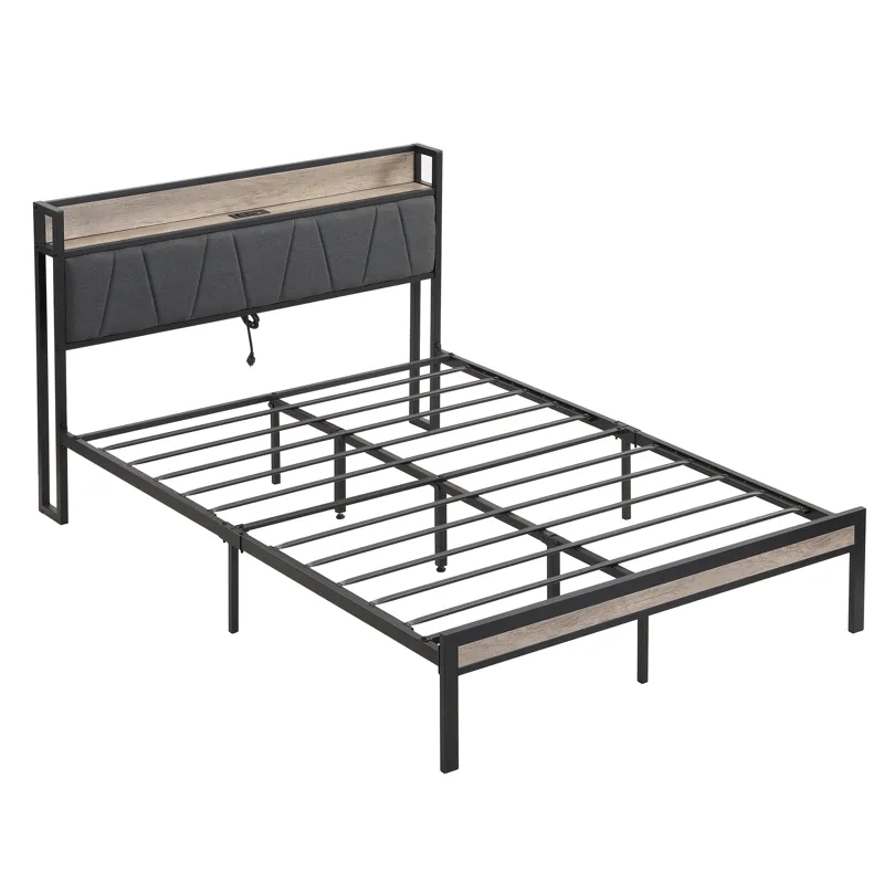 Queen Size Metal Platform Bed Frame With Upholsteryolstery Storage Function Headboard And USB Liner 