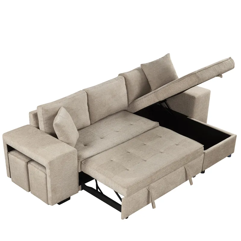 Modern L-Shape 3 Seat Reversible Sectional Couch, Pull Out Sleeper Sofa With Storage Chaise And 2 St