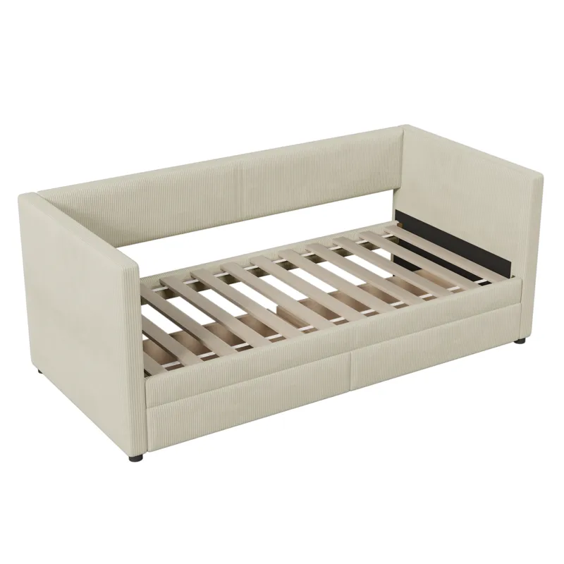 Twin Size Corduroy Daybed With Two Drawers And Wood Slat - Beige