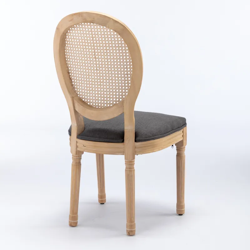 French Style Solid Wood Frame Antique Painting Linen Fabric Rattan Back Dining Chair (Set of 2) - Gr