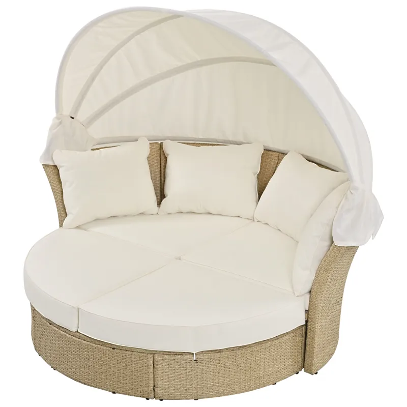 Outdoor Patio Daybed Wicker Rattan Double Daybed Round Sofa Furniture Set With Retractable Canopy, 4