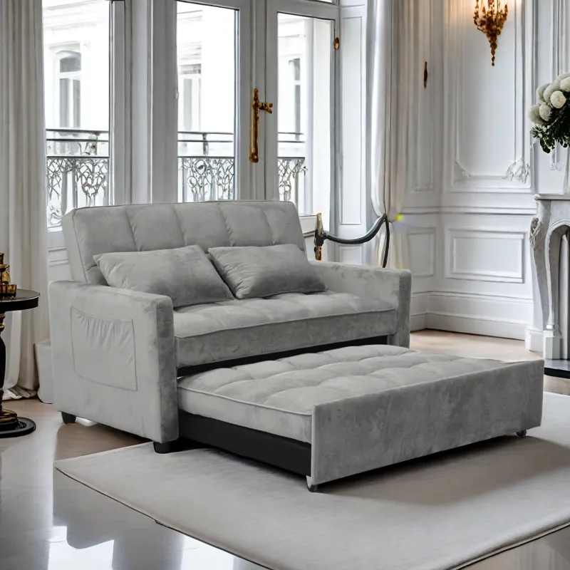 Modern Velvet Loveseat Futon Sofa Couch Pullout Bed, 55.33\" Love Seat Lounge Sofa Bed, Armrest With