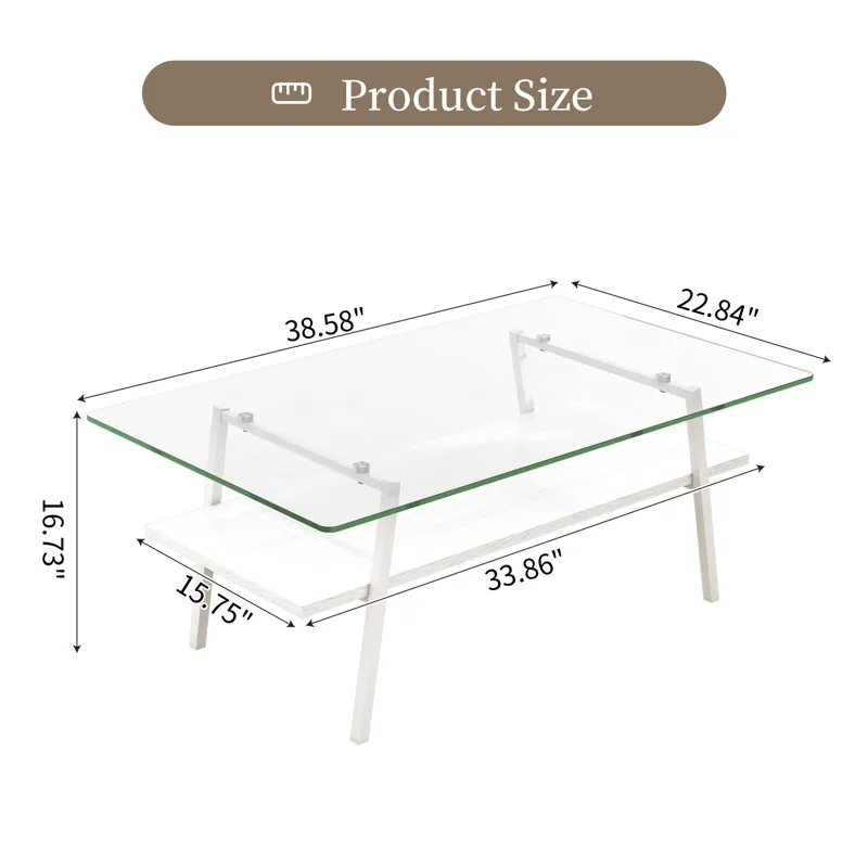 Rectangle Coffee Table, Tempered Glass Tabletop With Metal Legs, Modern Table For Living Room - Tran