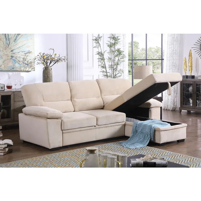 Kipling - Velvet Fabric Reversible Sleeper Sectional Sofa Chaise - Beige