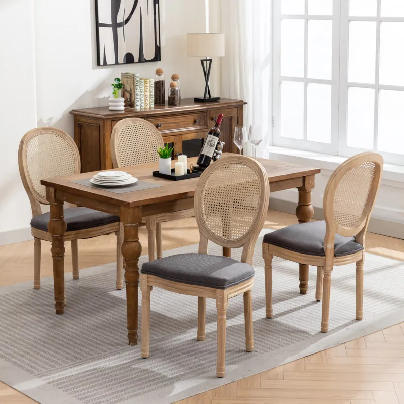 French Style Solid Wood Frame Antique Painting Linen Fabric Rattan Back Dining Chair (Set of 2) - Gr