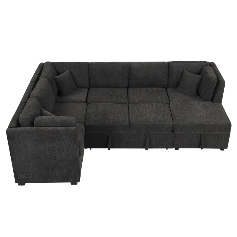 U-Shaped Sectional Sofa Pull Out Sofa Bed With Two USB Ports, Two Power Sockets, Three Back Pillows 