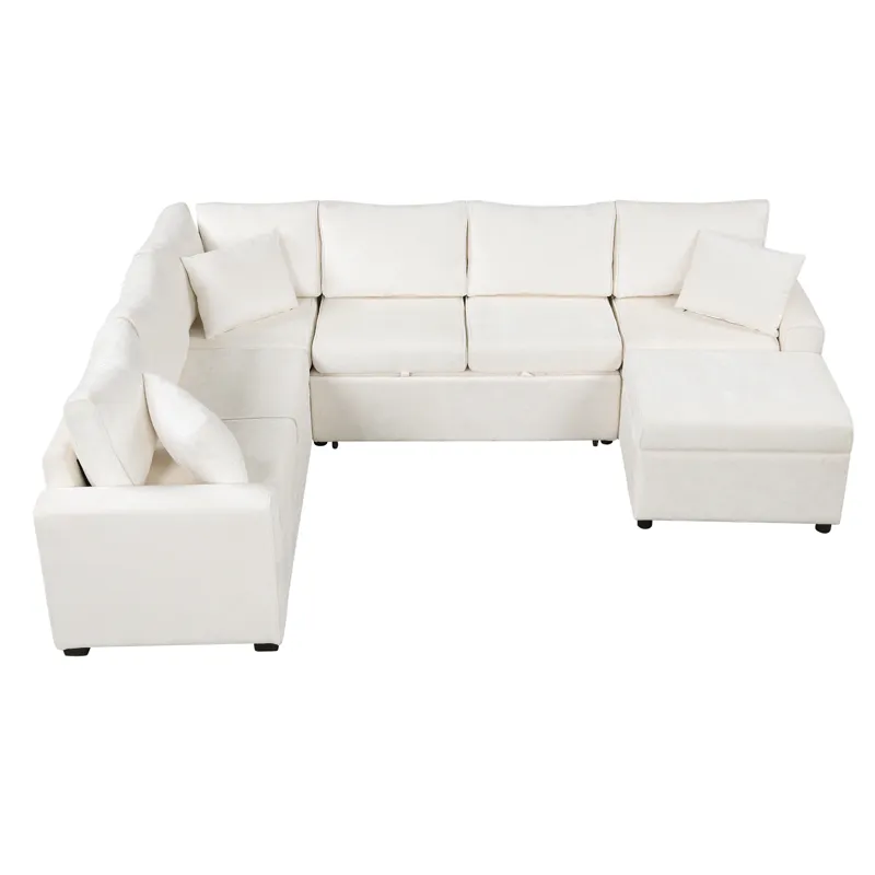 Sectional Sofa Pull-Out Sofa Bed Sleeper With A Storage Ottoman, Three Pillows And Charging Devices 