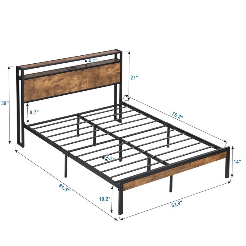 Full Size Metal Platform Bed Frame With Wooden Headboard And Footboard With USB Liner, No Box Spring