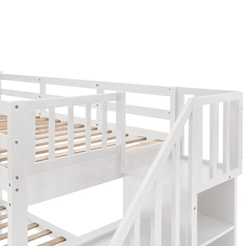Twin Over Full Stairway Bunk Bed With Drawer, Storage And Guard Rail For Bedroom, Dorm, For Adults -
