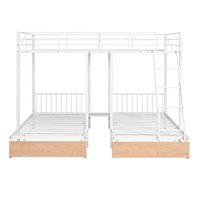 Full Over Twin & Twin Bunk Bed, Metal Triple Bunk Bed With Drawers And Guardrails - White