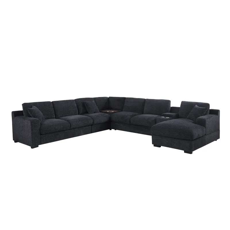 Celine - Chenille Fabric Corner Sectional Sofa With Right-Facing Chaise, Cupholders, And Charging Ports - Dark Gray