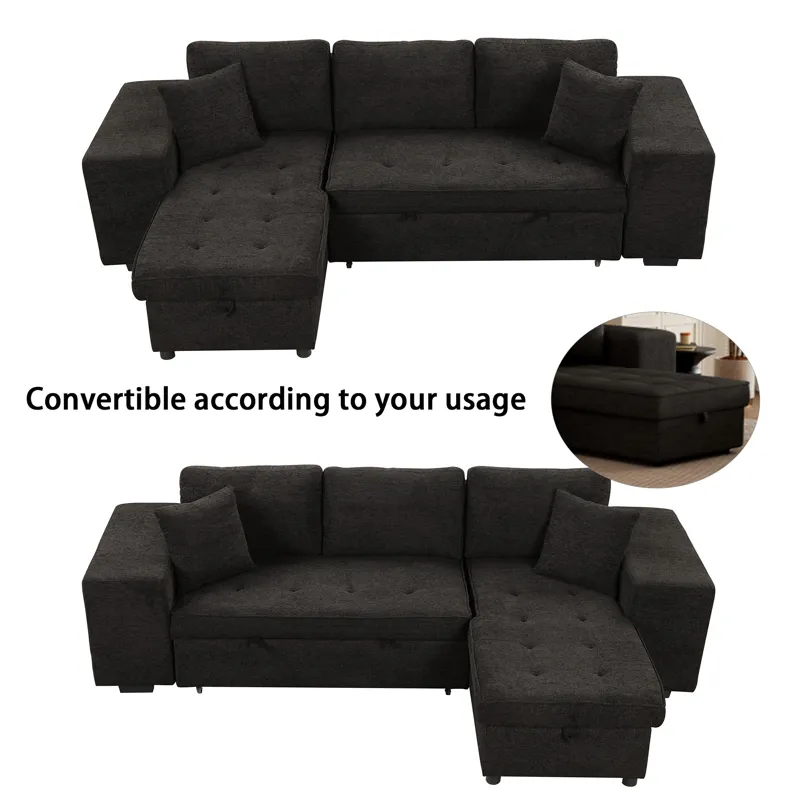 Modern L-Shape 3 Seat Reversible Sectional Couch, Pull Out Sleeper Sofa With Storage Chaise And 2 St