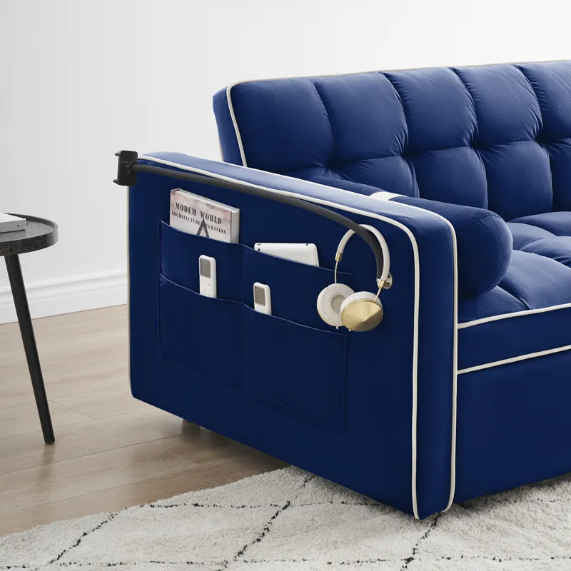 Modern Convertible Sleeper Sofa Couch With Pull Out Bed With Pillows & Side Pockets For Small Space,